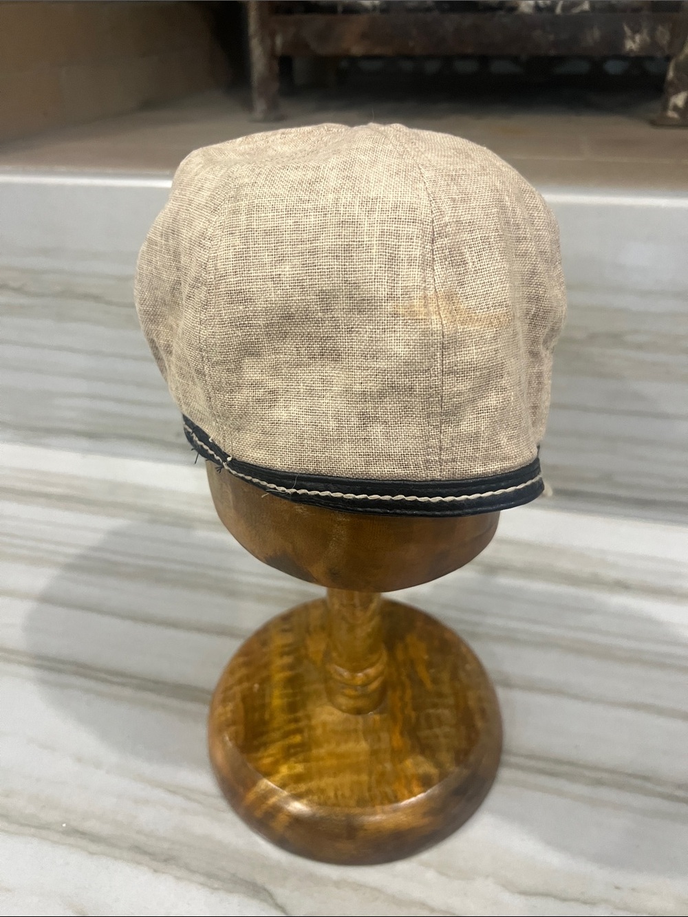 Beige Linen Newsboy Cap with dark brown Trim and Bow - Picture 5 of 7